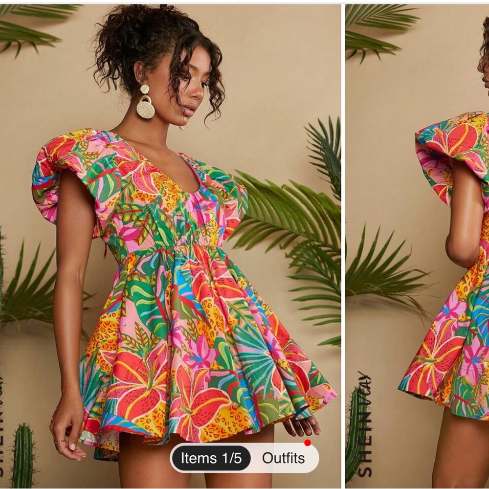 Tropical print butterfly sleeved dress